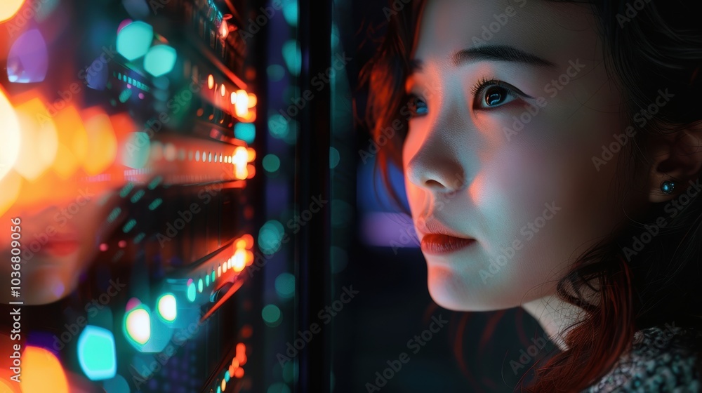 Aufkleber female technician working on a laptop in a server room, focusing on software updates, cybersecurity,
