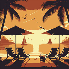 a flat vector,Beach deckchairs and umbrellas on the beach sunset view.Tropical Beach background silhouette on white background Adobe Illustrator Artwork