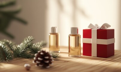 A red box with a white bow sits on a wooden table next to two bottles of perfume