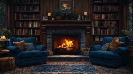 Fototapeta premium a cozy fireplace with a living flame, located in a cozy living room decorated with bookshelves