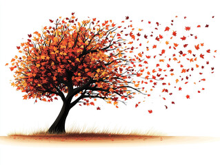 Illustration Art of a Tree with Autumn Leaves Falling in a Clean Minimalistic Design
