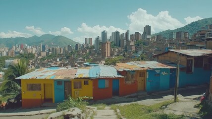 Fototapeta premium Colorful homes with a city skyline backdrop.