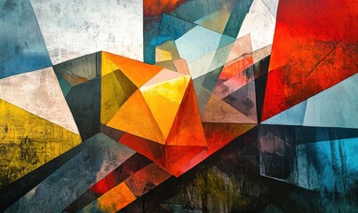 A colorful abstract painting with a yellow triangle in the middle