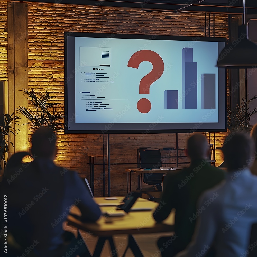 Poster uncertainty and data visualization during a business presentation on a large digital screen