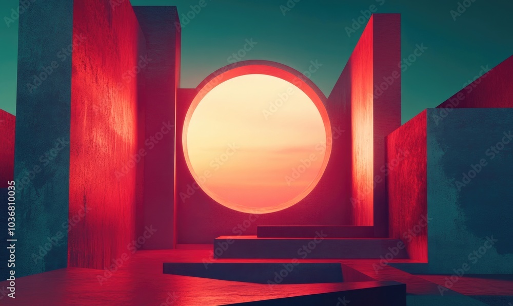 Poster a red and blue room with a large circular window