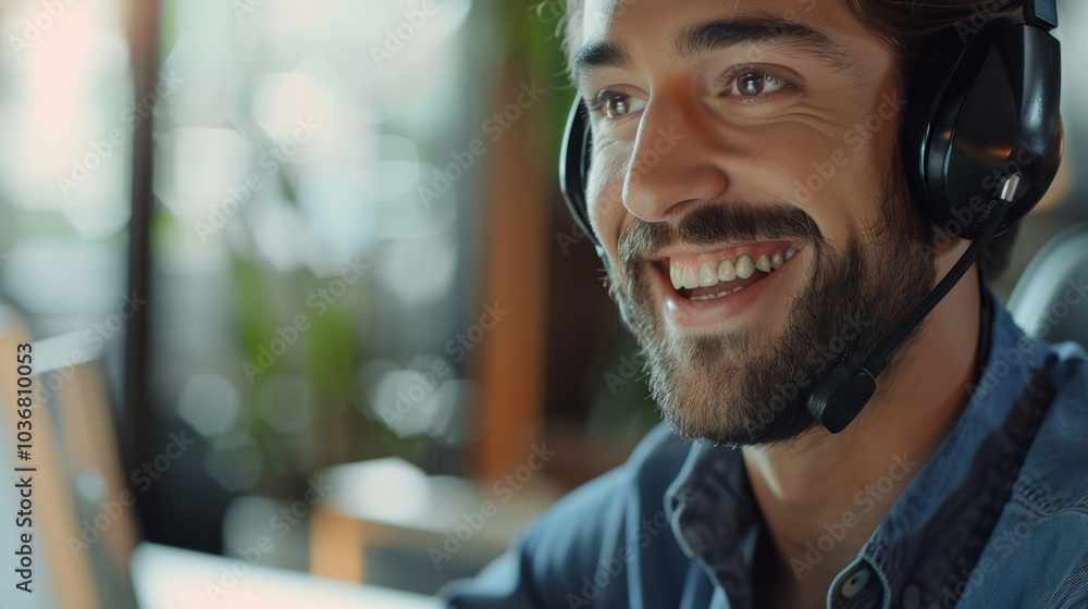 Poster customer support representative providing online consultation using a headset while working on crm s