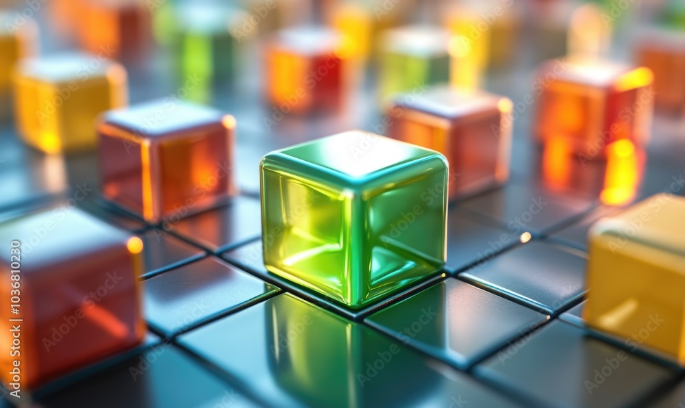 Poster a colorful cube is surrounded by other cubes, creating a vibrant