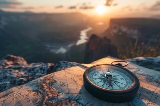 Vintage compass on map with mountain sunset in background