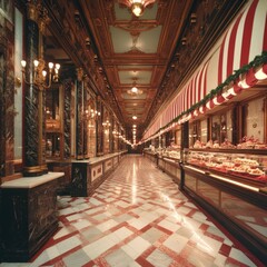 Fototapeta premium Elegant interior of a pastry shop featuring ornate decor and display cases.