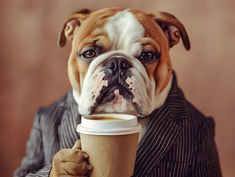 Bulldog in Pinstripe Suit Holding Coffee Cup with Stern Expression Capturing Business Like Attitude