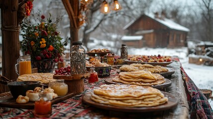 Fototapeta premium Maslenitsa celebration outdoor scene showcasing a table laden with traditional pancakes, surrounded by colorful decorations and winter landscape