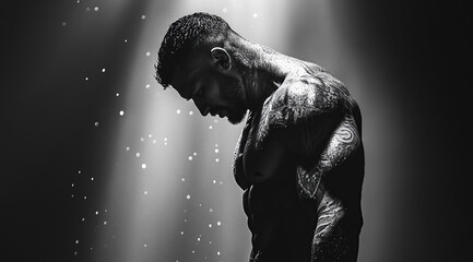 The Strength and Grace of a Tattooed Man Posing Dramatically Under Rain