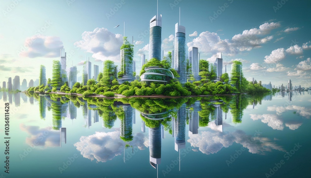 Wall mural futuristic eco-city- imagine a futuristic city where nature and technology coexist, with building