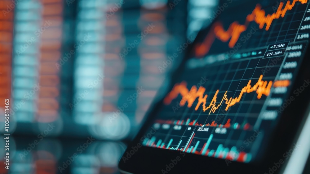 Poster close-up of a digital screen displaying fluctuating stock market charts, emphasizing trends and fina