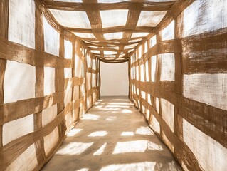 A long hallway with a long wall covered in brown and white fabric