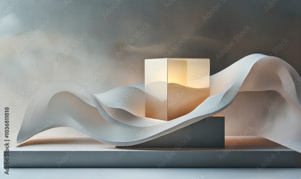 Poster a cube sits on a white surface with a wave of paper behind it