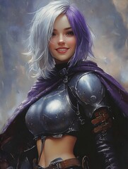 A fierce, confident young woman with a modern take on armor, featuring a stylish bob hairstyle with purple highlights, exuding a powerful and adventurous spirit.