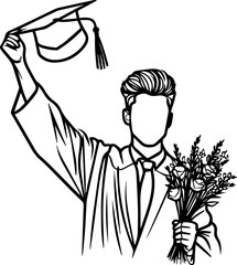 Black Line Art Happy Man Celebrate Graduation Style Hand Drawn Illustration