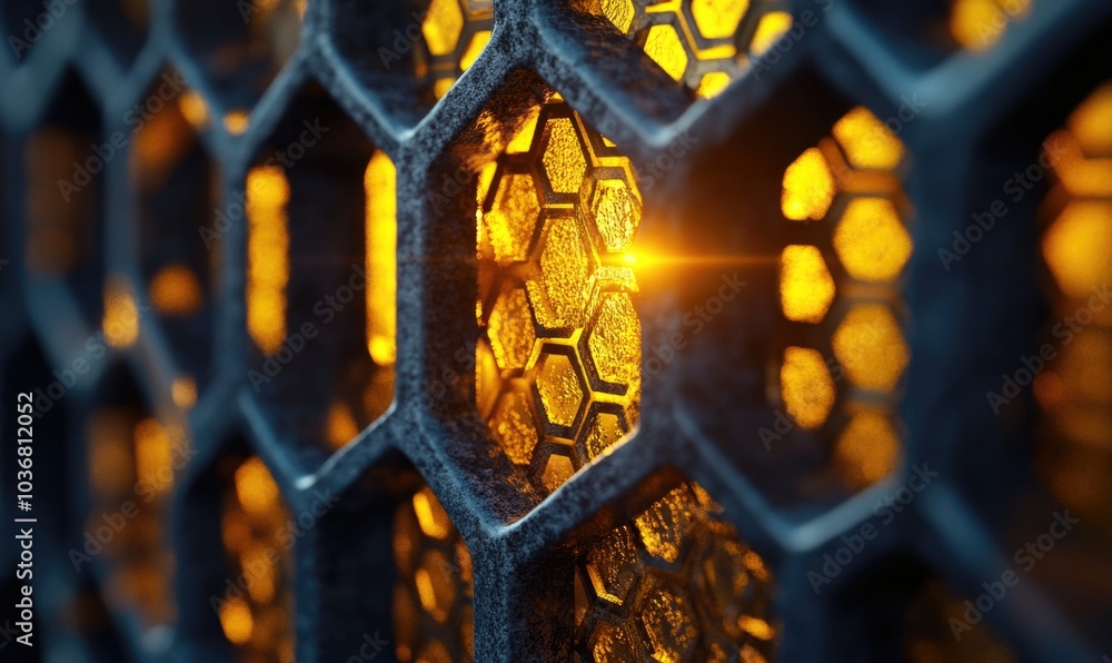 Poster a close up of a hexagonal pattern with a yellow light shining through it