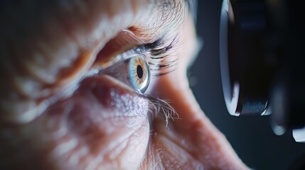 Optometry consultation involving eye examination and vision testing for a senior individual using medical imaging equipment