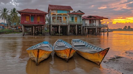 Obraz premium Colorful stilt houses by the water at sunset.
