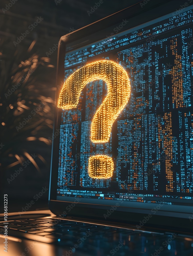 Poster digital question mark floating above computer code symbolizing uncertainty in business technology de