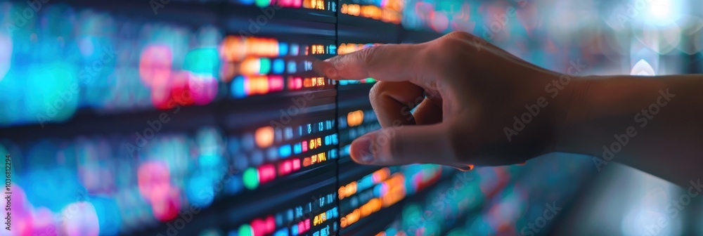 Poster a hand pointing at a digital stock market screen with colorful numbers and graphs, symbolizing data 