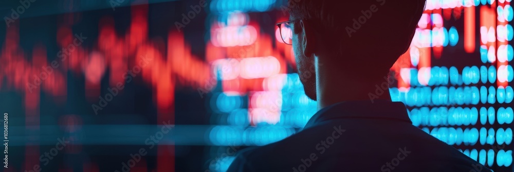 Poster a person analyzing a digital financial screen with red and blue graphs and data, emphasizing stock m