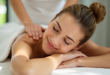 Obraz premium A woman lying on a spa bed receiving a relaxing massage, surrounded by a calming atmosphere of comfort and wellness.