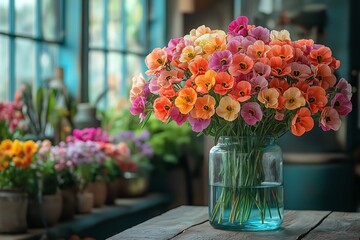 A colorful bouquet of flowers in a glass vase filled with clean water, placed on a wooden table