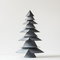 Obraz premium A Christmas tree made of gray metal on a white background, presented in a minimalist flat-lay composition.Copy space,flat lay.Creative holiday concept.