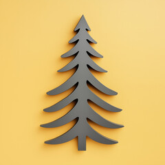 A Christmas tree made of gray metal on a mustard yellow background, presented in a minimalist flat-lay composition.Copy space,flat lay.Creative holiday concept.