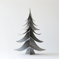 Obraz premium A Christmas tree made of gray metal on a white background, presented in a minimalist flat-lay composition.Copy space,flat lay.Creative holiday concept.