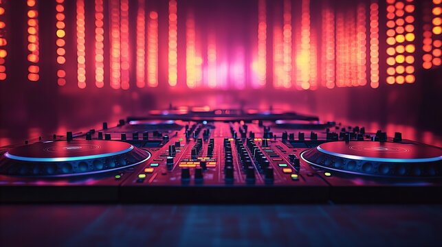 Vibrant dj decks illuminated in neon lights at nightclub World DJ Day abstract background