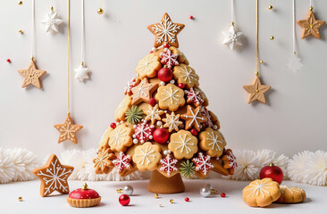 A creative display of Christmas cookies arranged to resemble a  Christmas tree, adorned with a star on top, surrounded by gingerbread stars.