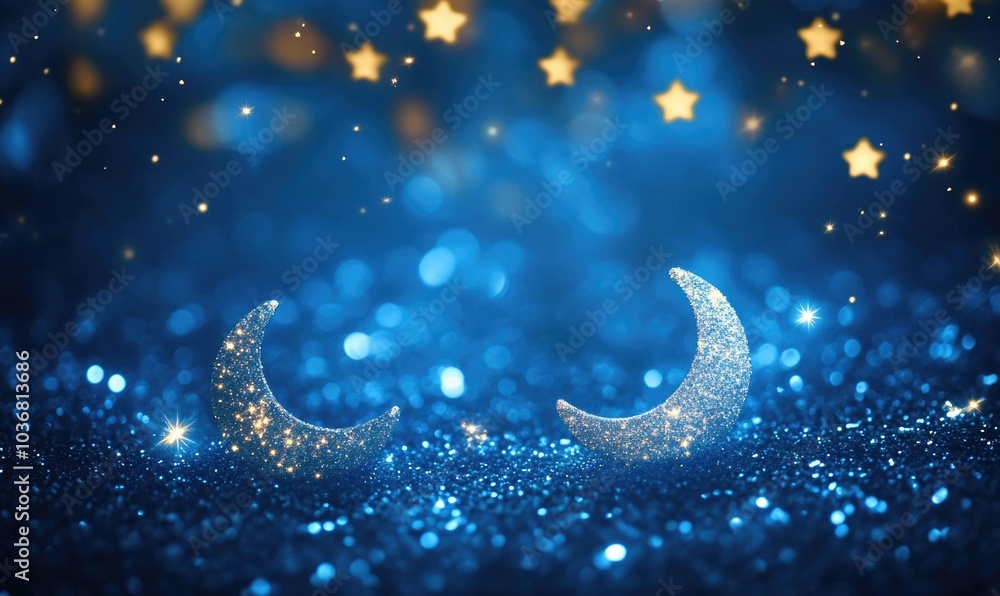 Canvas Prints two small crescent moons on a blue background with stars scattered around them