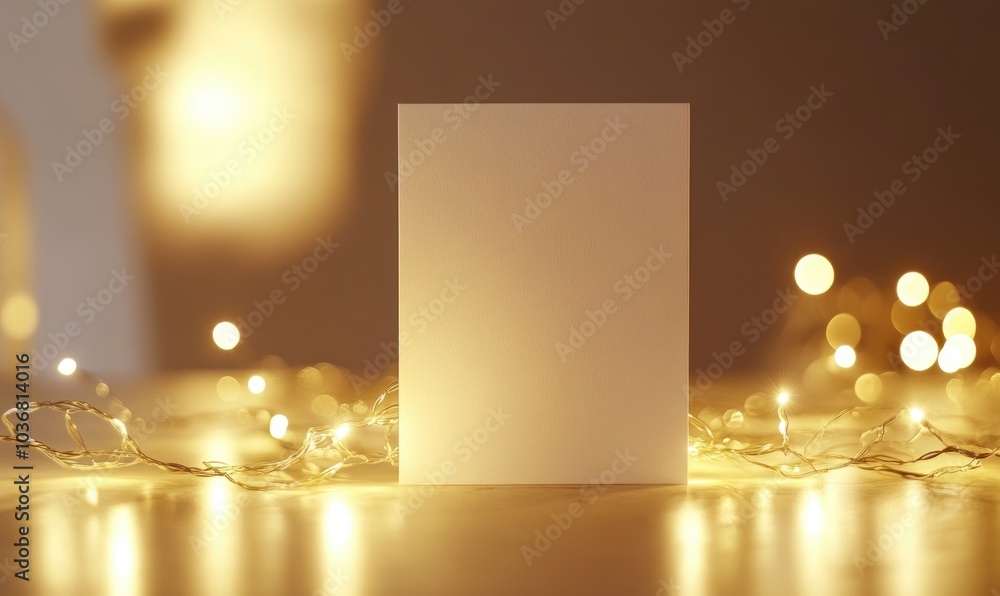 Aufkleber a white card with a blank space sits on a table next to a string of lights