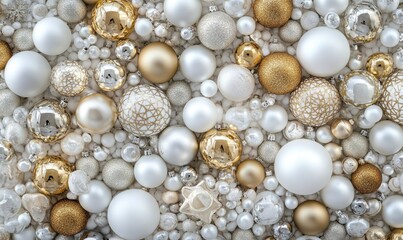 A large pile of white and gold ornaments