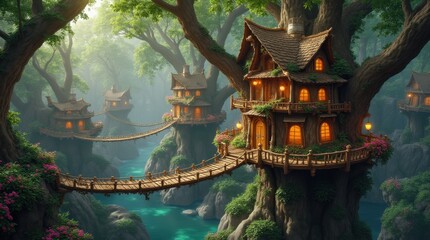 Obraz premium A whimsical treehouse village built high up in massive trees, featuring rope bridges connecting the houses.