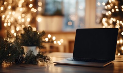 A laptop is open on a table with a Christmas tree in the background