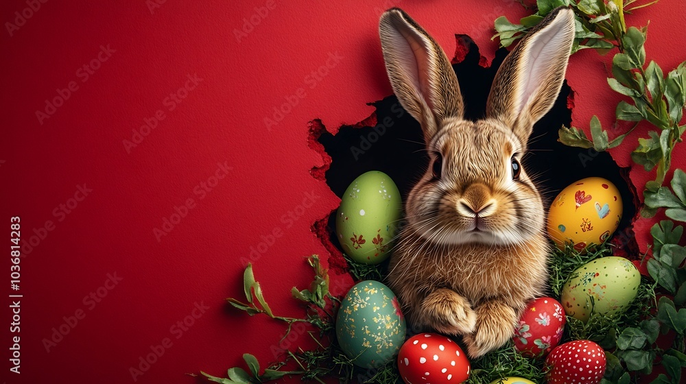 Poster charming easter bunny emerging a torn hole in a red wall fluffy ears flopping with vibrant eggs and 