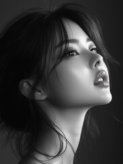 Fototapeta premium Beautiful profile of a Korean woman in artistic black and white, emphasizing her elegant features and soft expression