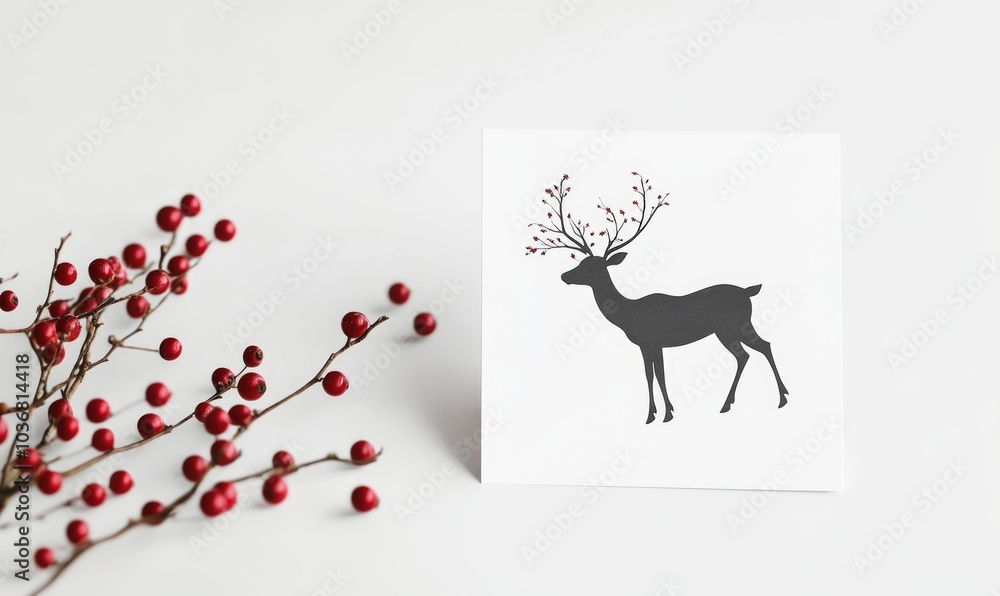 Poster a white card with a deer on it sits on a table with red berries