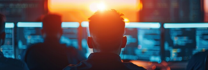 A team analyzes data on multiple screens in a dimly lit room, with a sunset glow creating a focused atmosphere for coding and development.
