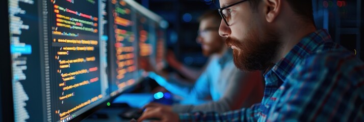 A software developer working late at a computer screen filled with code, reflecting focus and tech innovation in a dimly lit office.