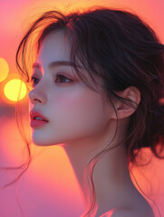 Naklejka premium Young Korean woman gazing thoughtfully into the sunset, illuminated by soft light against a vibrant orange backdrop