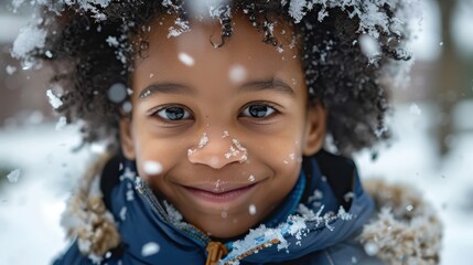 Toddler boy in a coat enjoying playtime in the snowy winter season