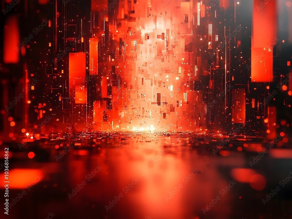Poster a mesmerizing abstract scene featuring vibrant red glowing blocks floating in space, creating a dyna