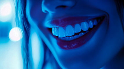 Naklejka premium Close-up of a woman's mouth, smiling with white teeth, against a bright office background.