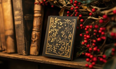 Fototapeta premium A book with a gold leaf design sits on a shelf next to a bunch of red berries